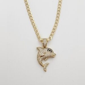 Gold Plated Dolphin Necklace 18” Iced CZ Pendant Unisex Trendy